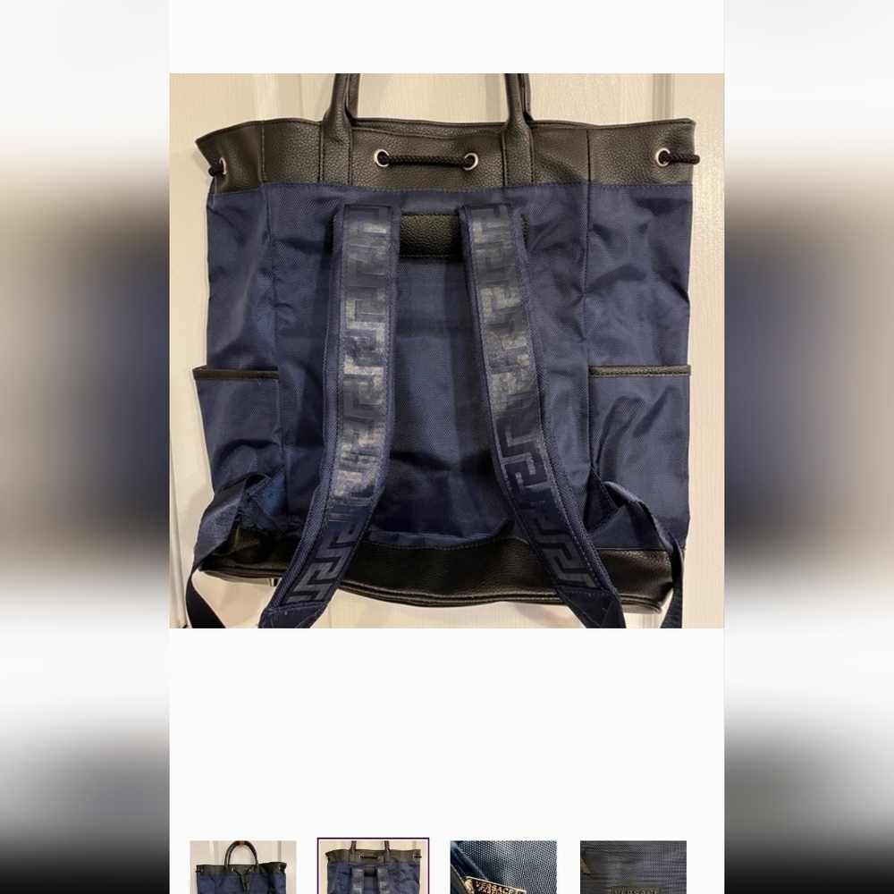 Versace Navy and Black Drawstring Backpack with Front Zip Pocket - Picture 5 of 10